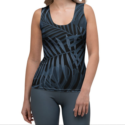The Toulouse Performance Tank. A sleeveless racerback tank top featuring a dark navy blue and black tropical palm leaf pattern, displayed on a clean white background.