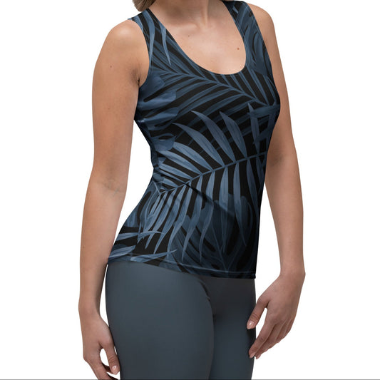 The Toulouse Performance Tank. A sleeveless racerback tank top featuring a dark navy blue and black tropical palm leaf pattern, displayed on a clean white background.