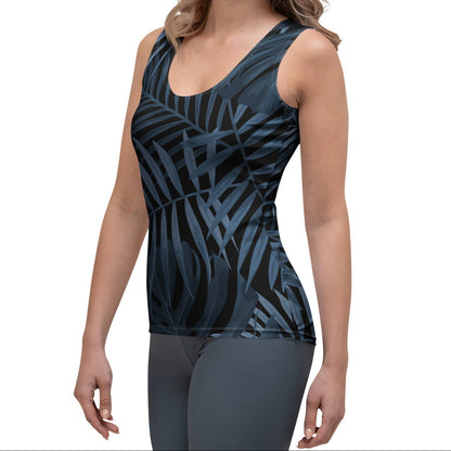The Toulouse Performance Tank. A sleeveless racerback tank top featuring a dark navy blue and black tropical palm leaf pattern, displayed on a clean white background.
