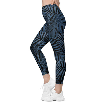 The Toulouse  sculpt leggings, featuring a midnight blue palm print on a white background.