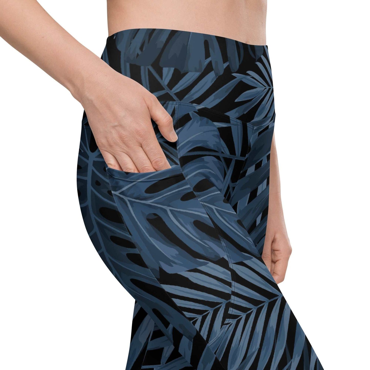 The Toulouse sculpt leggings, featuring a midnight blue palm print on white background.