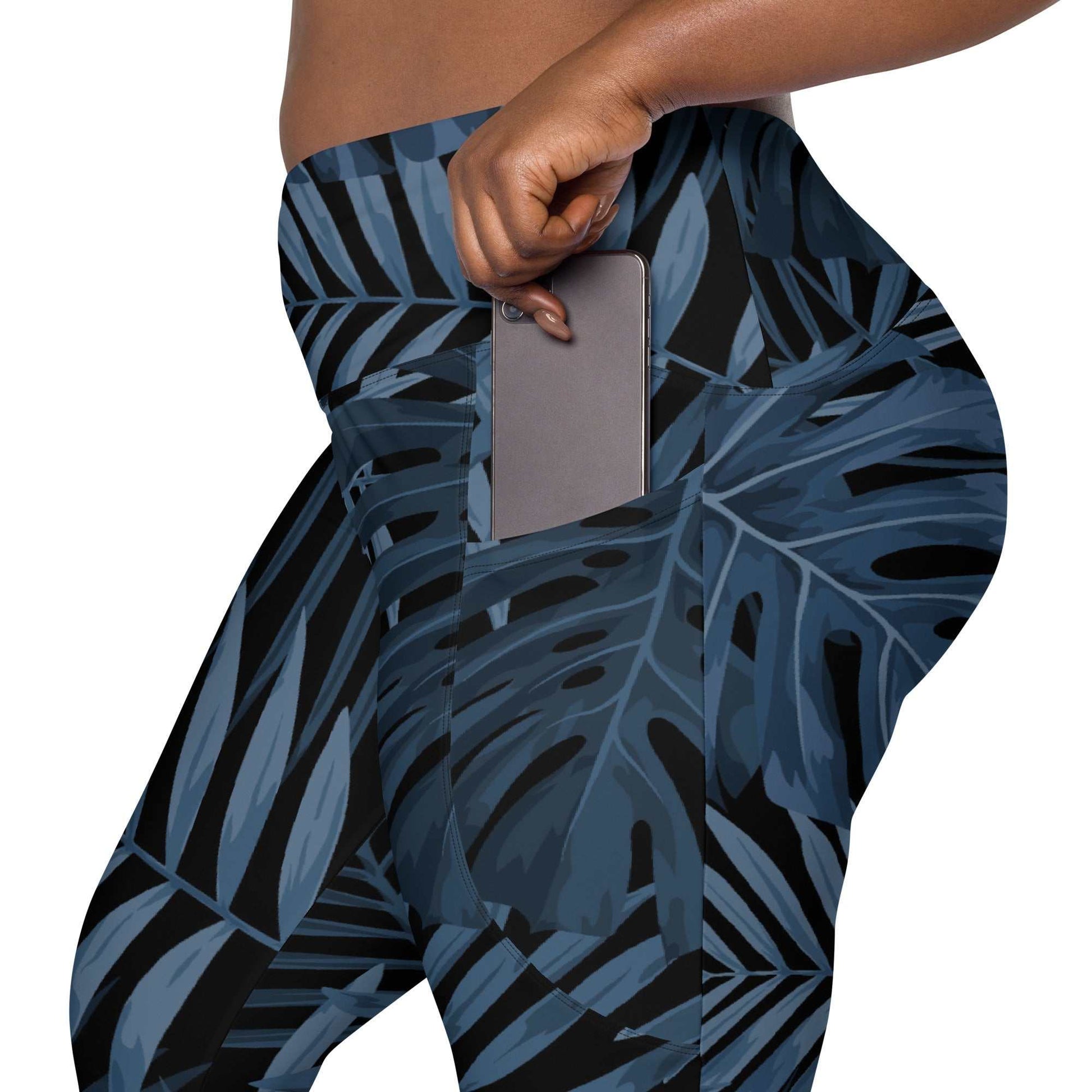The Toulouse sculpt leggings, featuring a midnight blue palm print on white background.