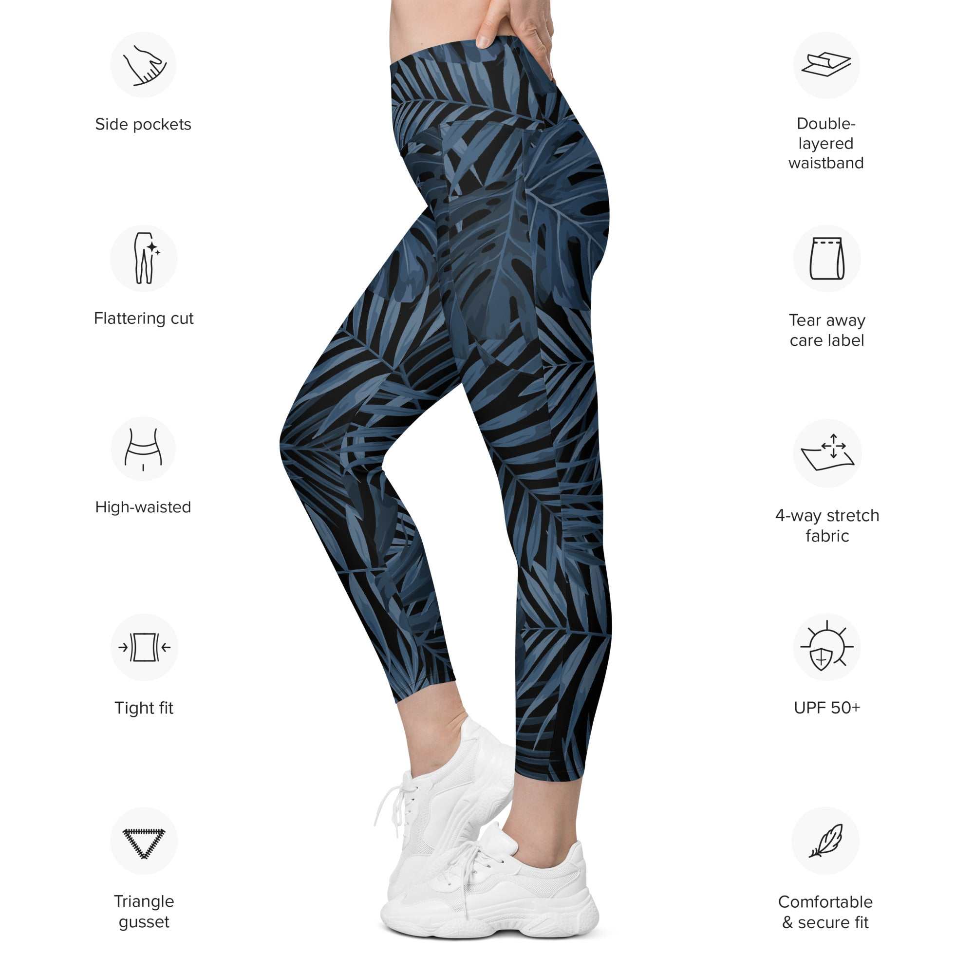 The Toulouse sculpt leggings, featuring a midnight blue palm print on white background.