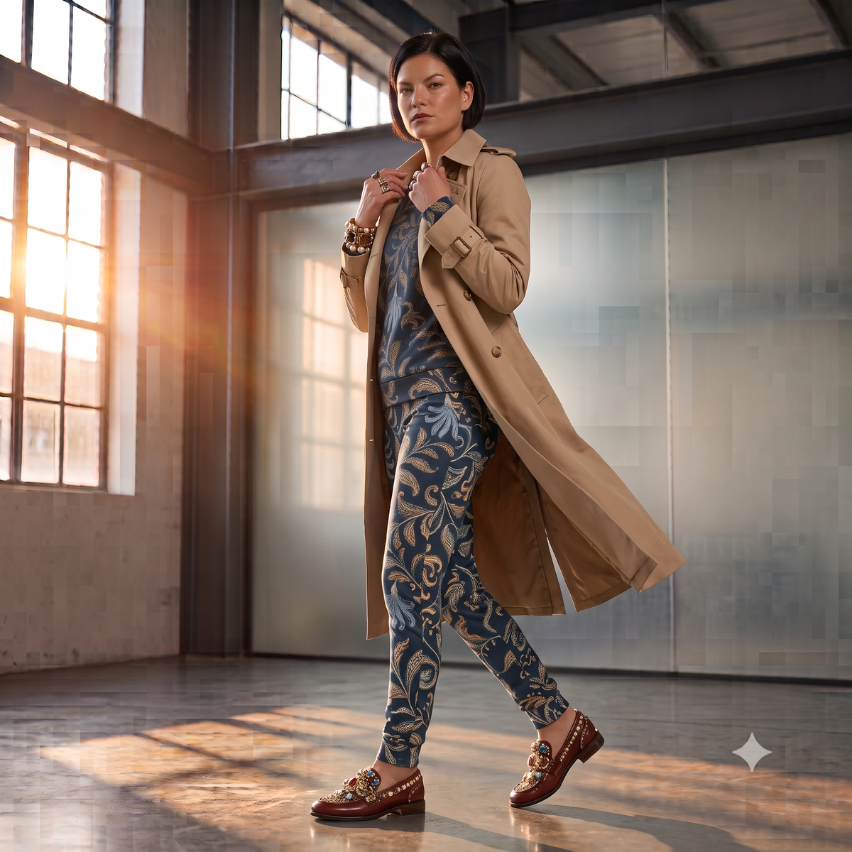 A model wearing a beige trench coat  and underneath the Venice slim fit high-waisted athletic joggers and matching sweatshirt with a dark navy blue background and an intricate botanical pattern in gold, beige, and light blue. The joggers feature a small red logo on the left hip. 