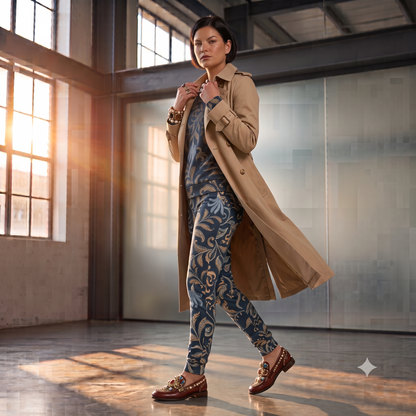 A model wearing a beige trench coat  and underneath the Venice slim fit high-waisted athletic joggers and matching sweatshirt with a dark navy blue background and an intricate botanical pattern in gold, beige, and light blue. The joggers feature a small red logo on the left hip. 