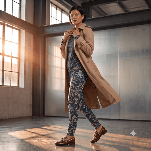 A model wearing a beige trench coat  and underneath the Venice slim fit high-waisted athletic joggers and matching sweatshirt with a dark navy blue background and an intricate botanical pattern in gold, beige, and light blue. The joggers feature a small red logo on the left hip. 