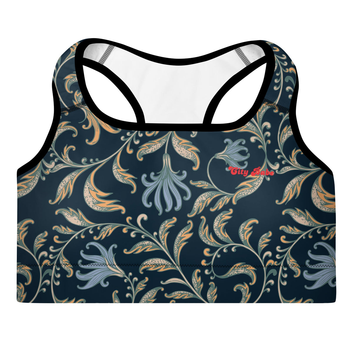 a close up of the venice performance bra featuring a parsley and floral pattern in dark blue with beige and light blue details, and the text City Babe printed at the top front left side.