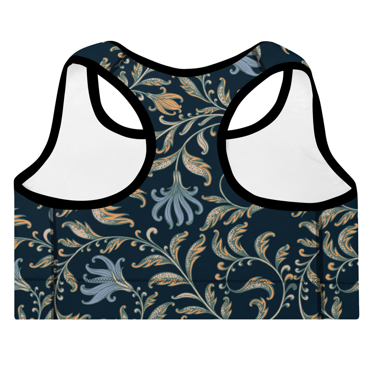 a close up of the venice performance bra featuring a parsley and floral pattern in dark blue with beige and light blue details, and the text City Babe printed at the top front left side.