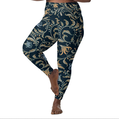 Venice high-waisted sculpt leggings featuring an intricate gold and slate-blue floral filigree print over a dark blue base.