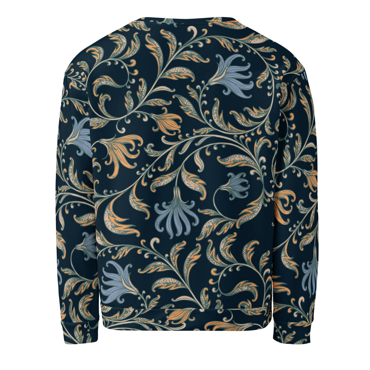  the Venice sweatshirt with a dark navy blue background and an intricate botanical pattern in gold, beige, and light blue. The joggers feature a small red logo on the left hip.