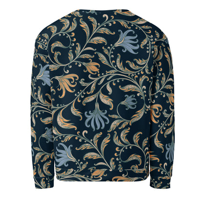  the Venice sweatshirt with a dark navy blue background and an intricate botanical pattern in gold, beige, and light blue. The joggers feature a small red logo on the left hip.