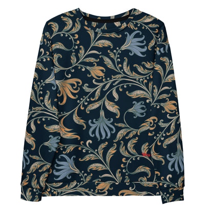 A model wearing the Venice sweatshirt with a dark navy blue background and an intricate botanical pattern in gold, beige, and light blue. The joggers feature a small red logo on the left hip.