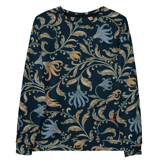 A model wearing the Venice sweatshirt with a dark navy blue background and an intricate botanical pattern in gold, beige, and light blue. The joggers feature a small red logo on the left hip.