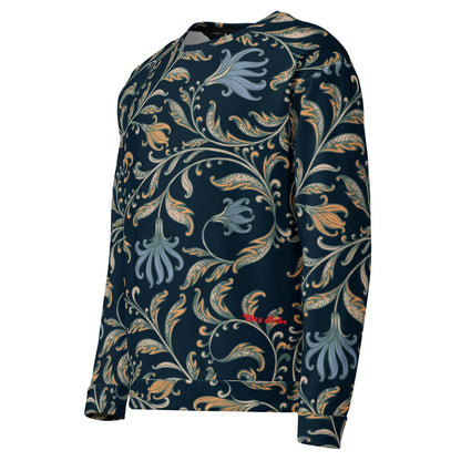  the Venice sweatshirt with a dark navy blue background and an intricate botanical pattern in gold, beige, and light blue. The joggers feature a small red logo on the left hip.