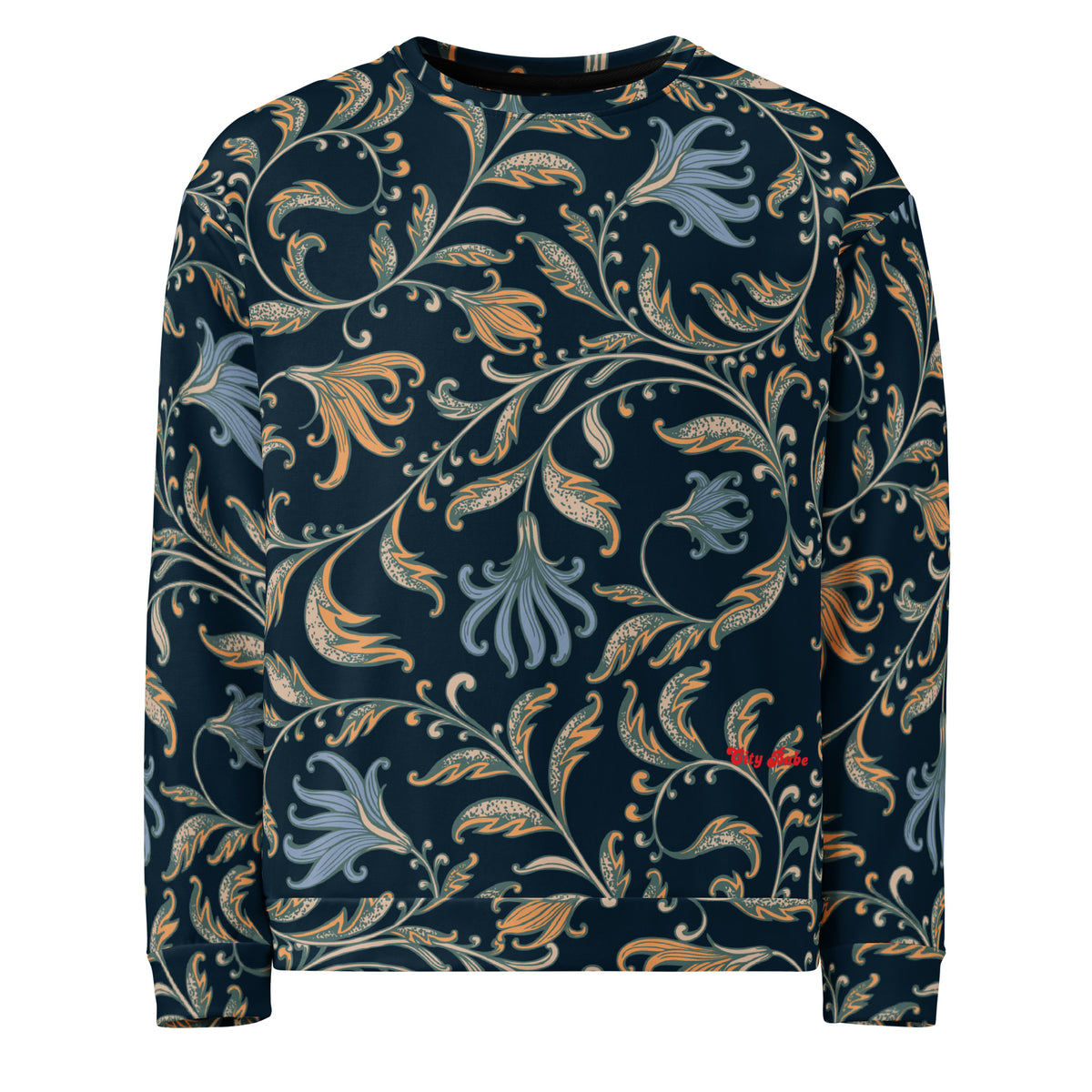  the Venice sweatshirt with a dark navy blue background and an intricate botanical pattern in gold, beige, and light blue. The joggers feature a small red logo on the left hip.