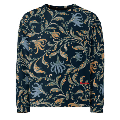  the Venice sweatshirt with a dark navy blue background and an intricate botanical pattern in gold, beige, and light blue. The joggers feature a small red logo on the left hip.