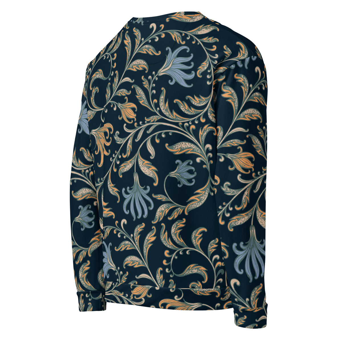 A model wearing the Venice sweatshirt with a dark navy blue background and an intricate botanical pattern in gold, beige, and light blue. The joggers feature a small red logo on the left hip.