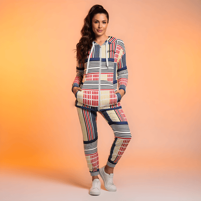 A model wearing The Vienna Slim Zip Hoodie and Joggers, showing the narrow fit, cuffed ankles, and the Art Nouveau graphic print in primary colorus.