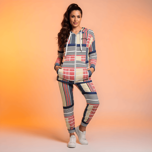 A model wearing The Vienna Slim Zip Hoodie and Joggers, showing the narrow fit, cuffed ankles, and the Art Nouveau graphic print in primary colorus.