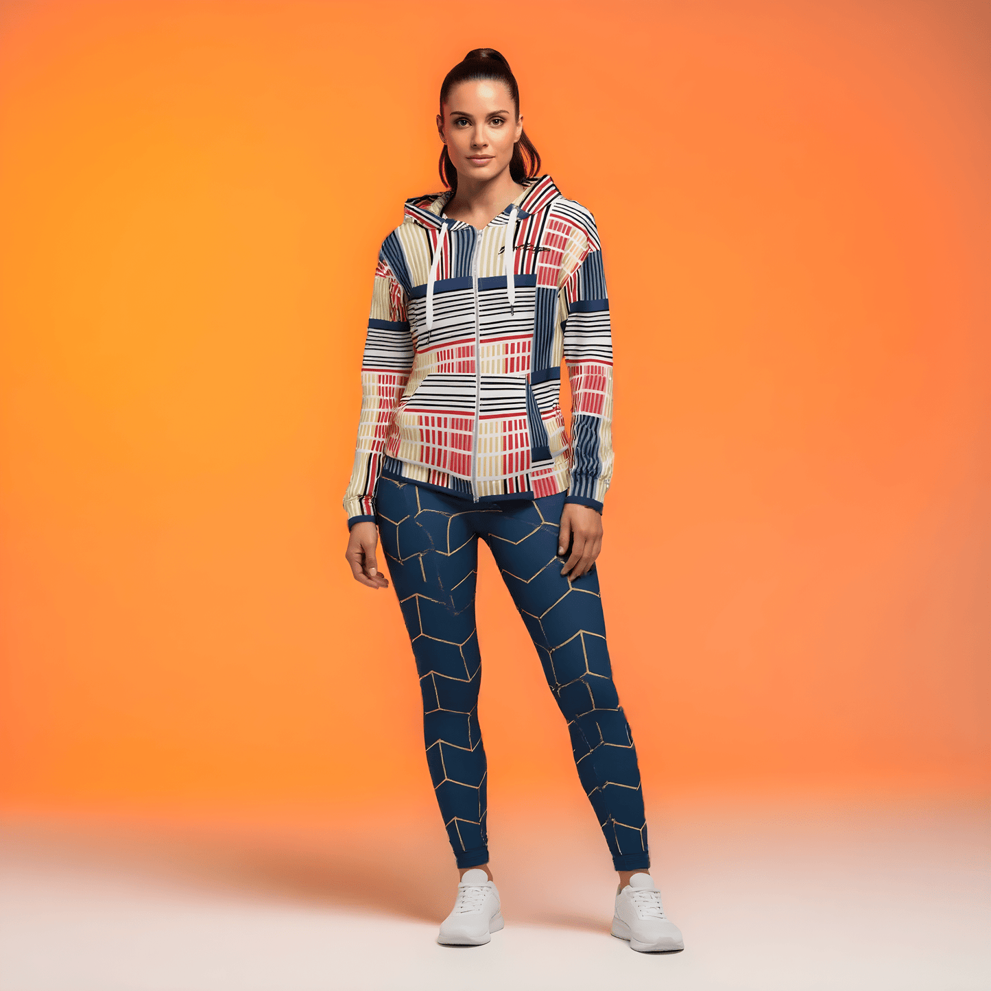 A model wearing The Vienna Zip Hoodie, showing the full-zip and the Art Nouveau graphic print in primary colors.