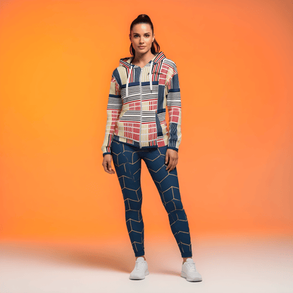 A model wearing The Vienna Zip Hoodie, showing the full-zip and the Art Nouveau graphic print in primary colors.