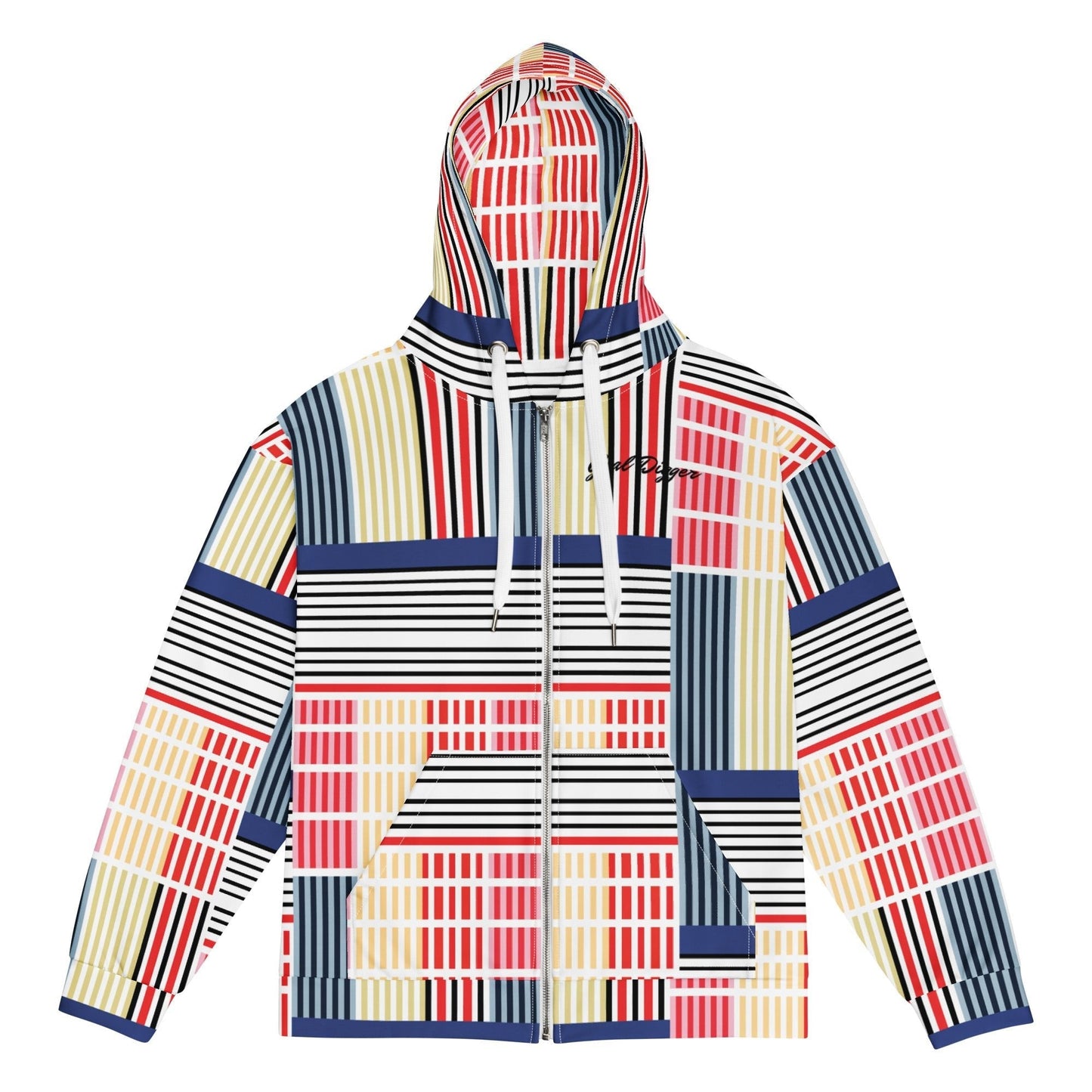 A close-up of The Vienna Zip Hoodie's Art Nouveau print, showing the grid of black lines separating the primary color rectangles.