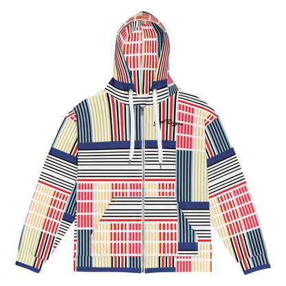 A close-up of The Vienna Zip Hoodie's Art Nouveau print, showing the grid of black lines separating the primary color rectangles.