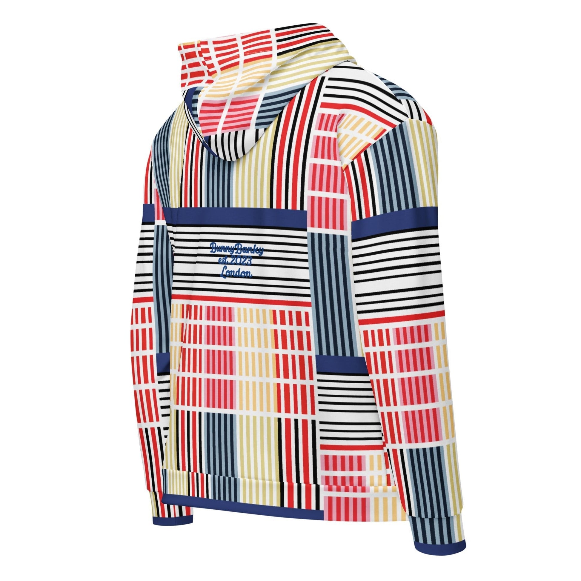 A close-up of The Vienna Zip Hoodie's Art Nouveau print, showing the grid of black lines separating the primary color rectangles.