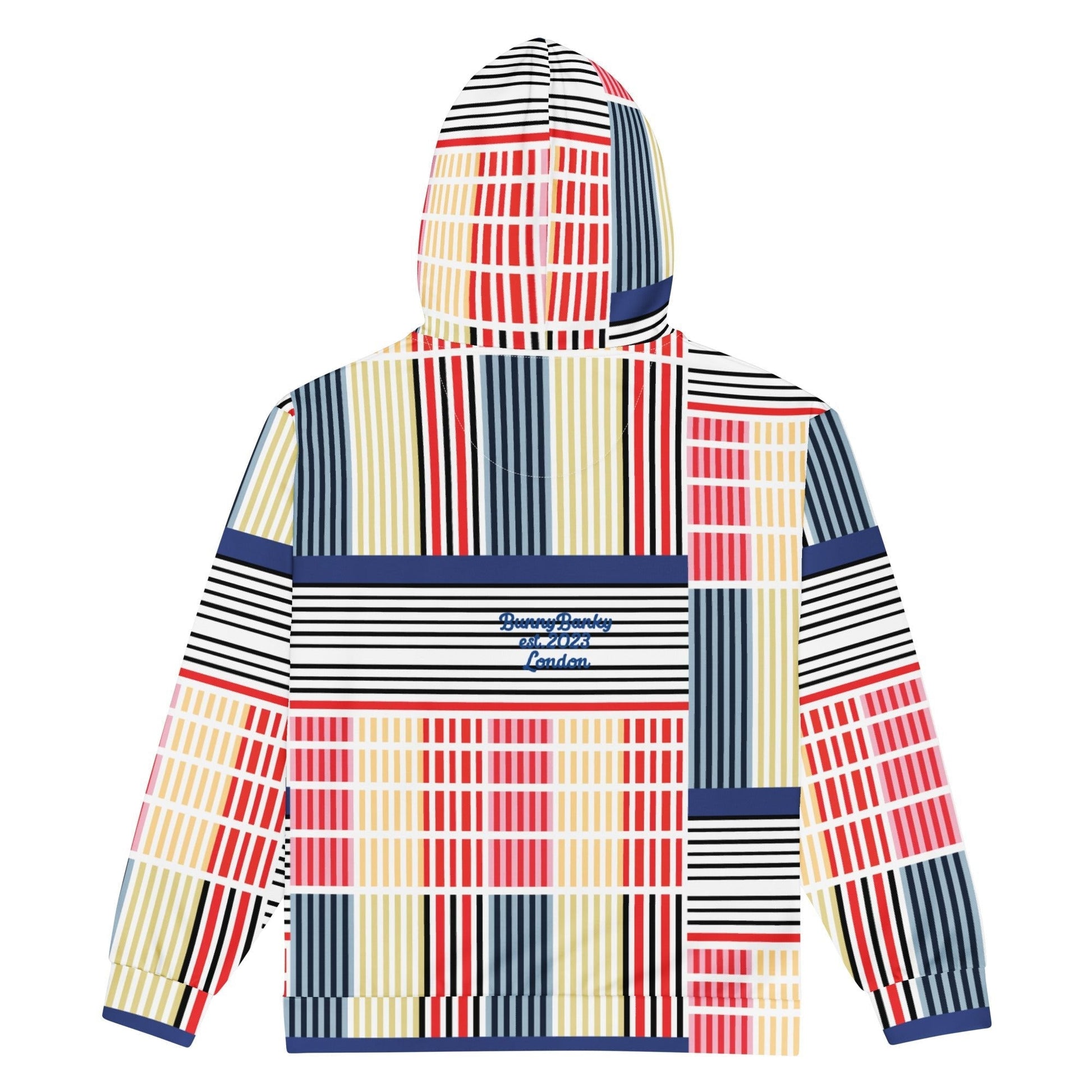 A close-up of The Vienna Zip Hoodie's Art Nouveau print, showing the grid of black lines separating the primary color rectangles.