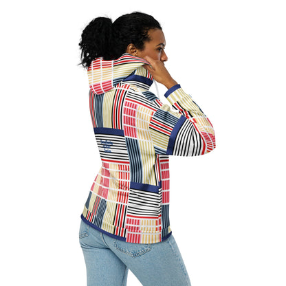 A model wearing The Vienna Zip Hoodie, showing the full-zip and the Art Nouveau graphic print in primary colors.