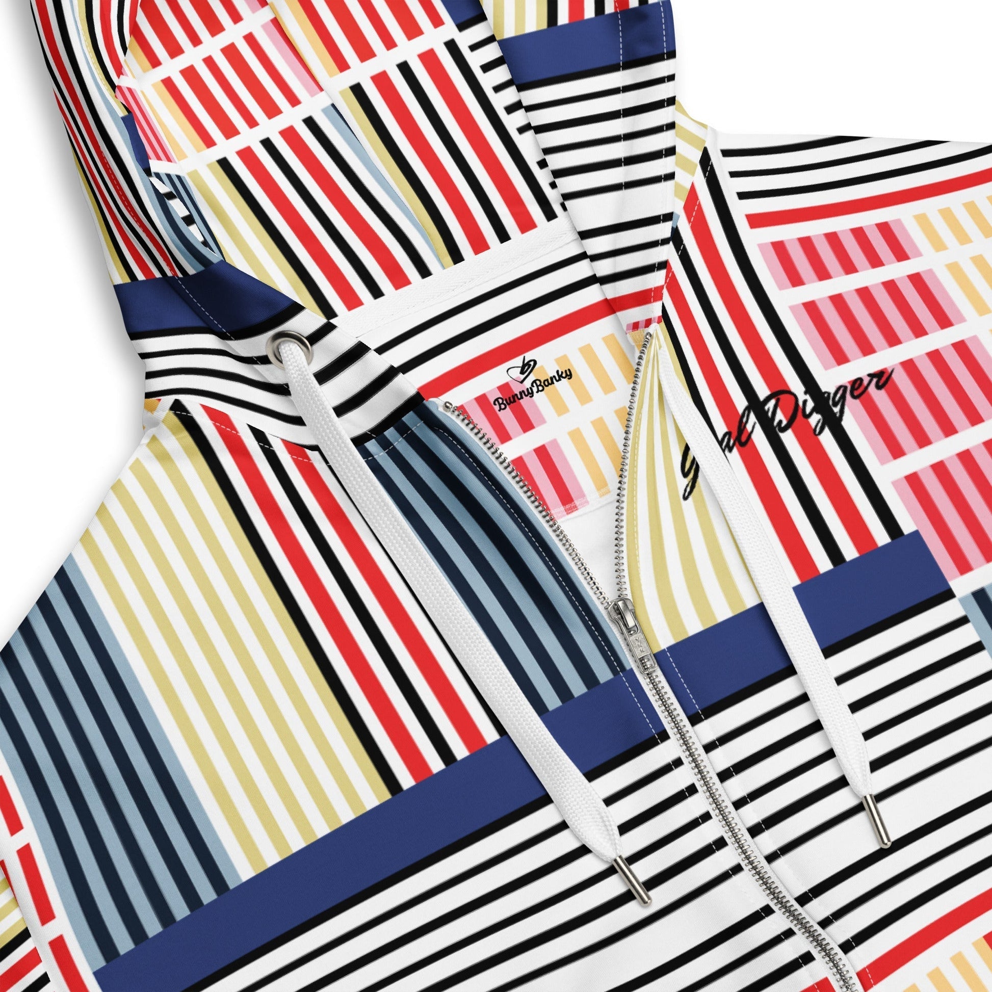 A close-up of The Vienna Zip Hoodie's Art Nouveau print, showing the grid of black lines separating the primary colour rectangles.