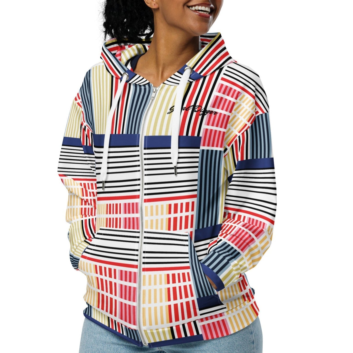 A model wearing The Vienna Zip Hoodie, showing the full-zip and the Art Nouveau graphic print in primary colors.