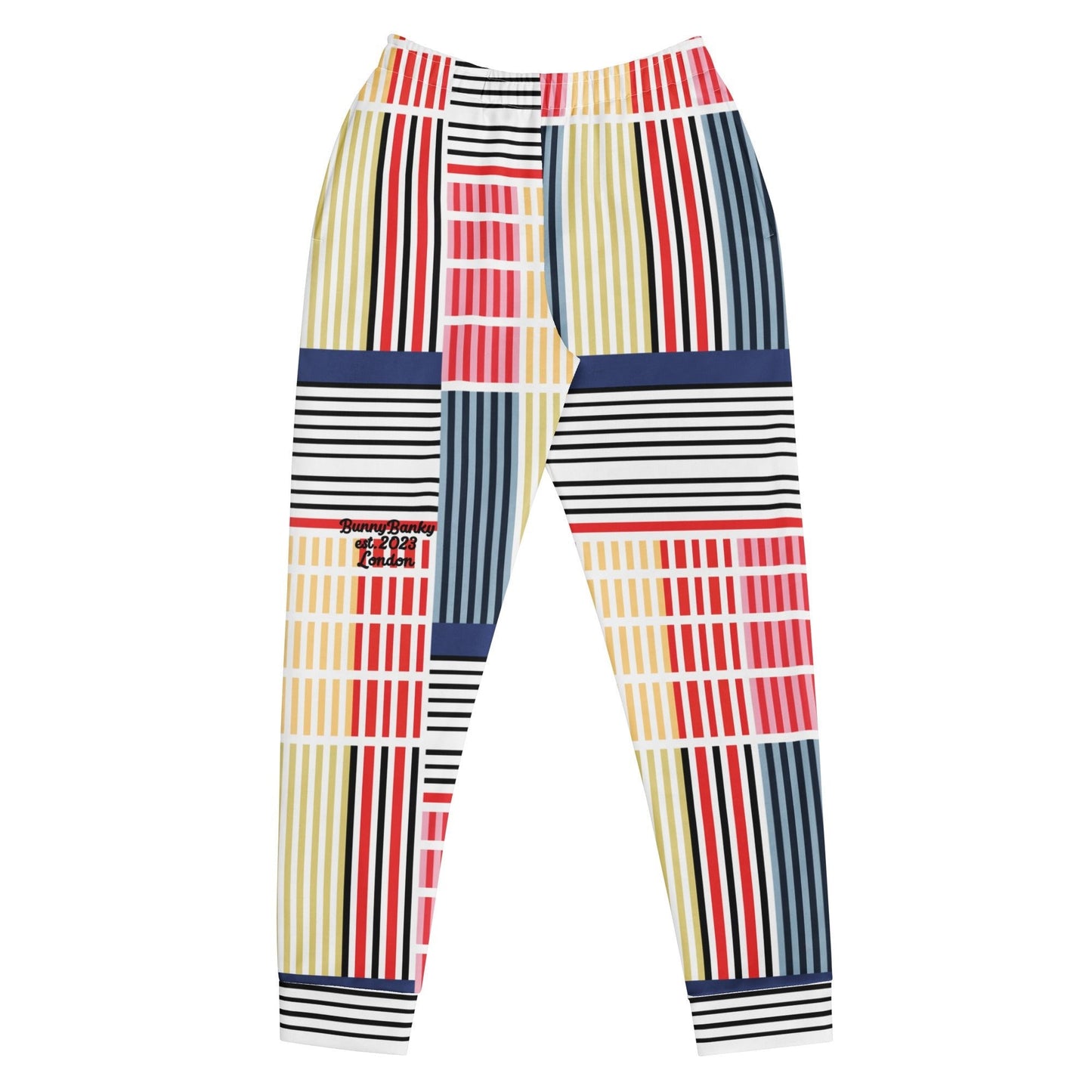 A close-up of The Vienna Slim Joggers' Art Nouveau inspired print, showing the grid of black lines and colorful geometric rectangles on the recycled polyester fabric.