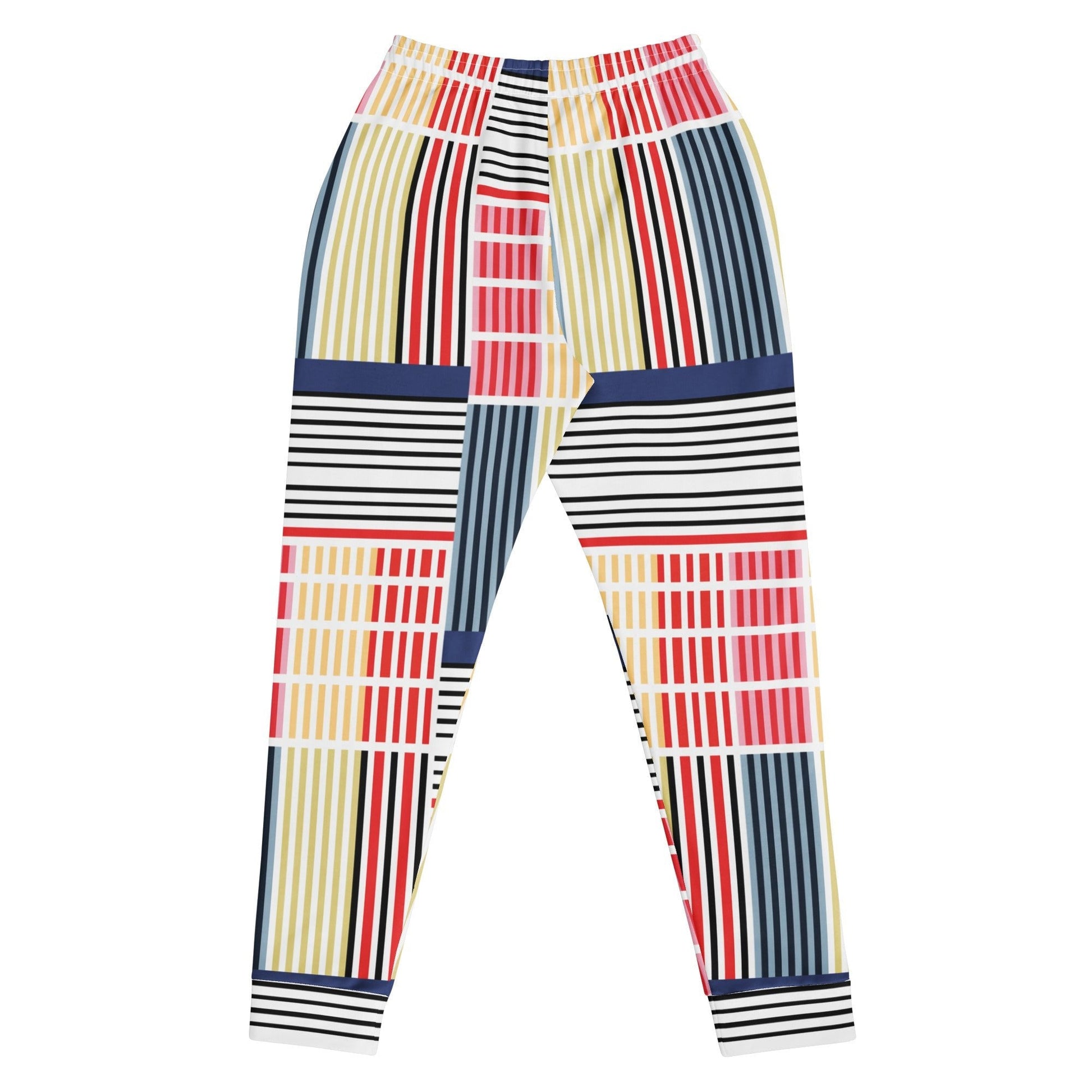 A close-up of The Vienna Slim Joggers' Art Nouveau inspired print, showing the grid of black lines and colorful geometric rectangles on the recycled polyester fabric.