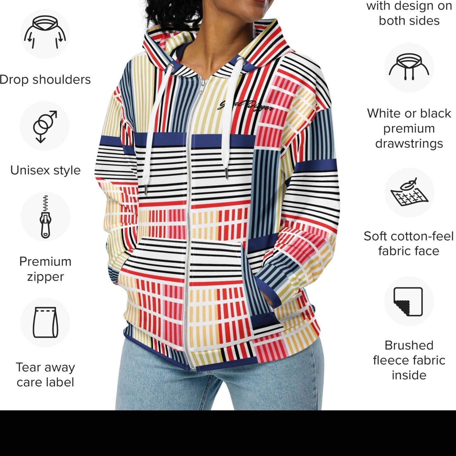 A model wearing The Vienna Zip Hoodie, showing the narrow fit, cuffed ankles, and the Art Nouveau graphic print in primary colours.