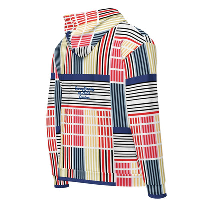 A close-up of The Vienna Zip Hoodie's Art Nouveau print, showing the grid of black lines separating the primary colour rectangles.