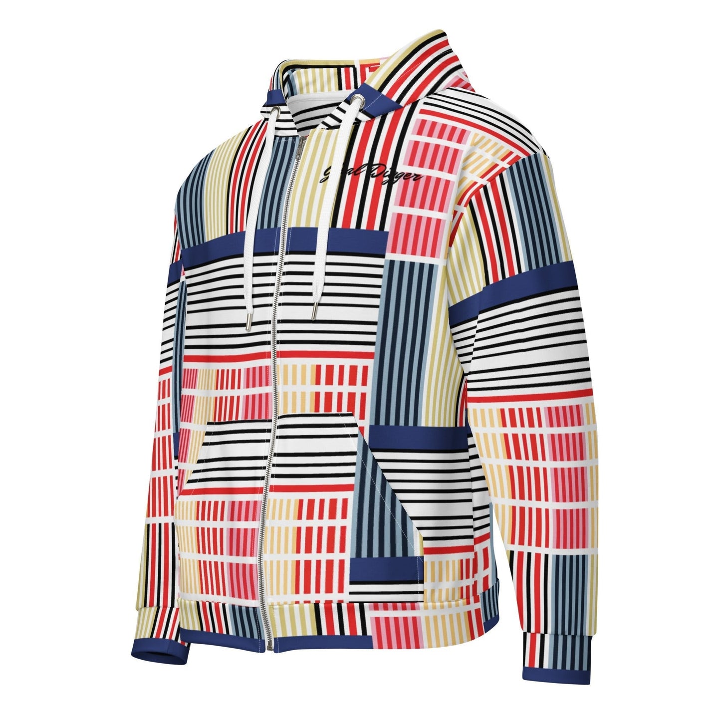 A close-up of The Vienna Zip Hoodie's Art Nouveau print, showing the grid of black lines separating the primary color rectangles.