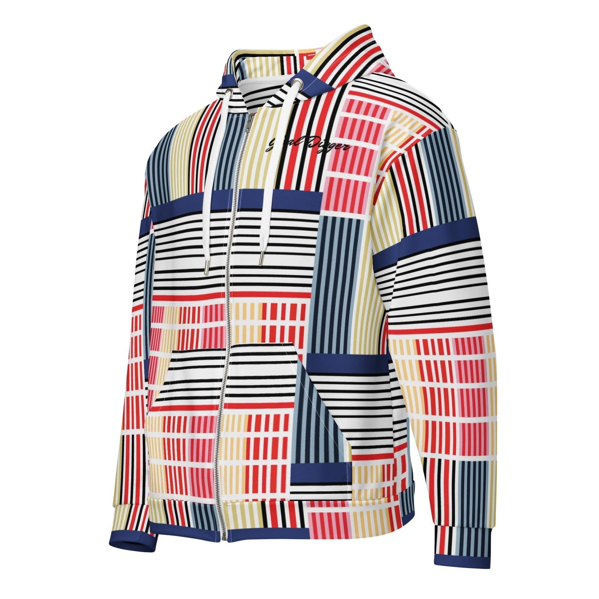 A close-up of The Vienna Zip Hoodie's Art Nouveau print, showing the grid of black lines separating the primary color rectangles.