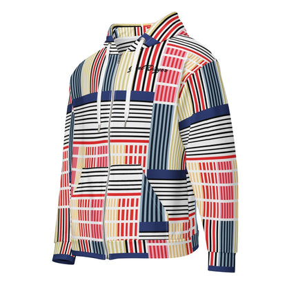 A close-up of The Vienna Zip Hoodie's Art Nouveau print, showing the grid of black lines separating the primary color rectangles.