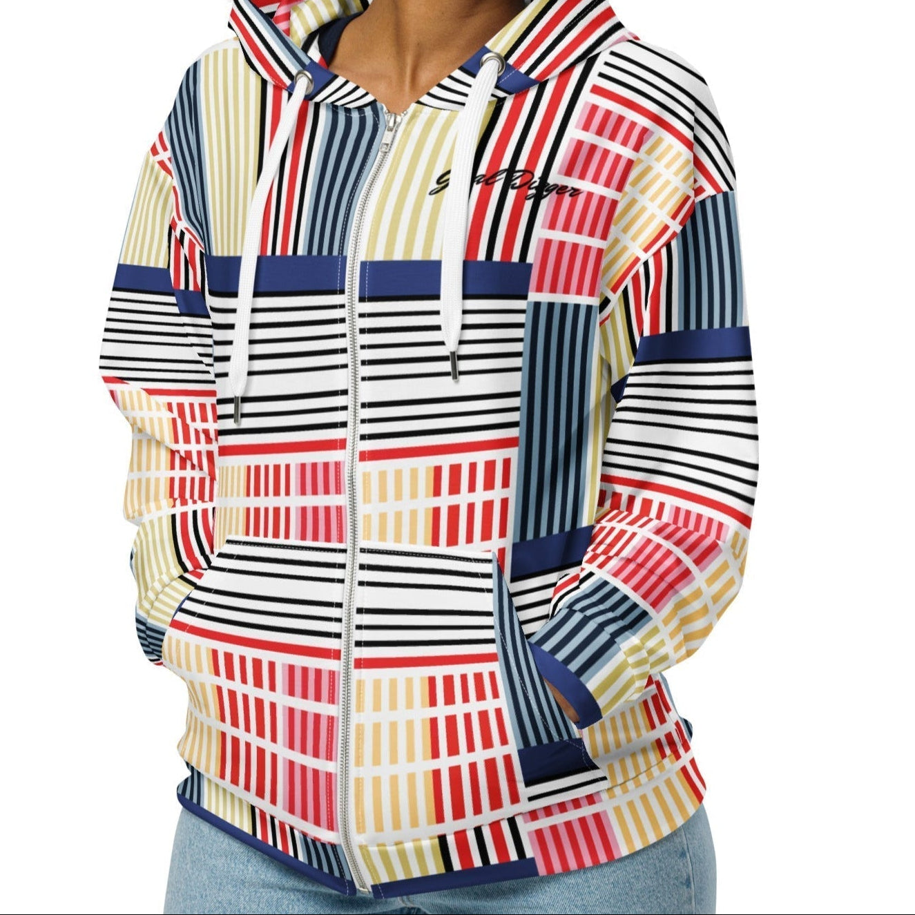 A model wearing The Vienna Zip Hoodie, showing the full-zip and the Art Nouveau graphic print in primary colours.